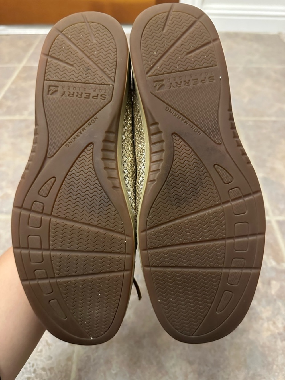 Sperry Women's Metallic Gold and Tan Moccasin Loafers - Picture 2 of 3